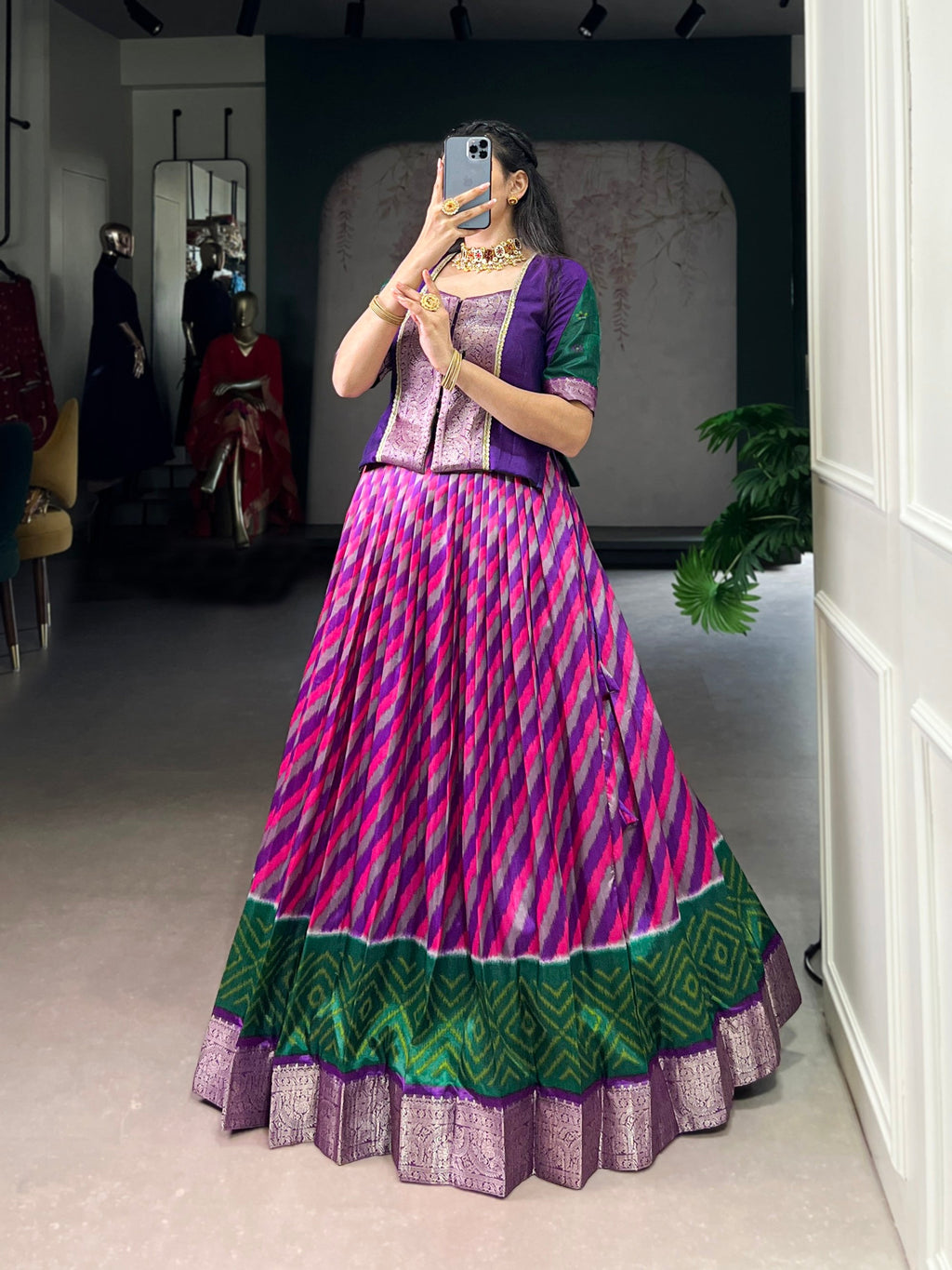 Lorenvalley Fashion Purple Tasar Silk Leheriya Print With Zari Weaving Work Lehenga Choli | Grocsy