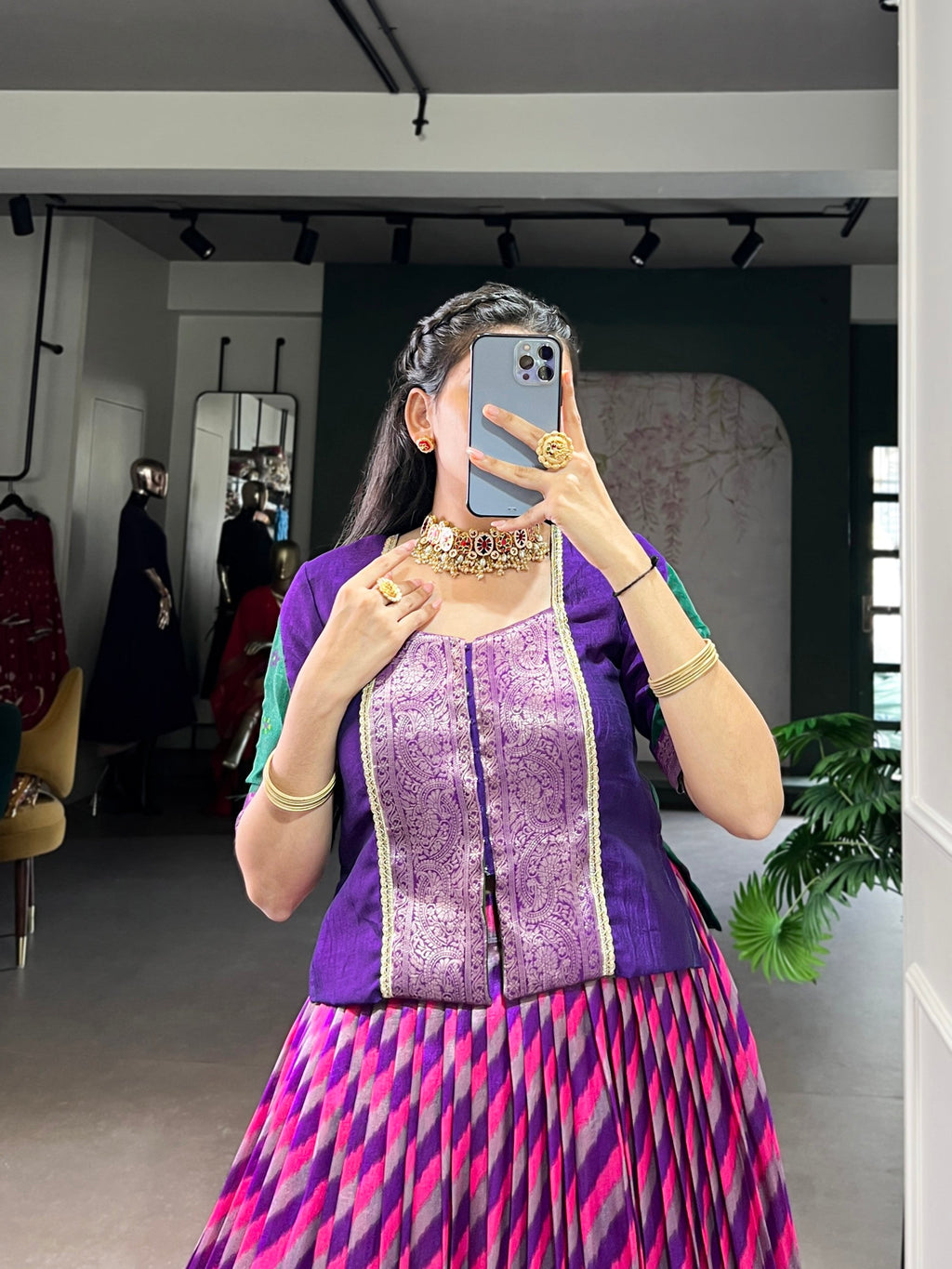 Lorenvalley Fashion Purple Tasar Silk Leheriya Print With Zari Weaving Work Lehenga Choli | Grocsy