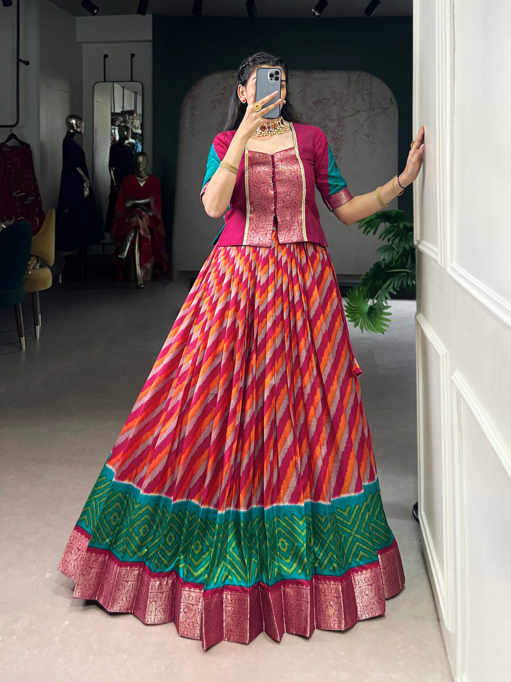 Lorenvalley Fashion Red Tasar Silk Leheriya Print With Zari Weaving Work Lehenga Choli | Grocsy