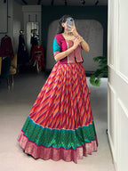Lorenvalley Fashion Red Tasar Silk Leheriya Print With Zari Weaving Work Lehenga Choli | Grocsy