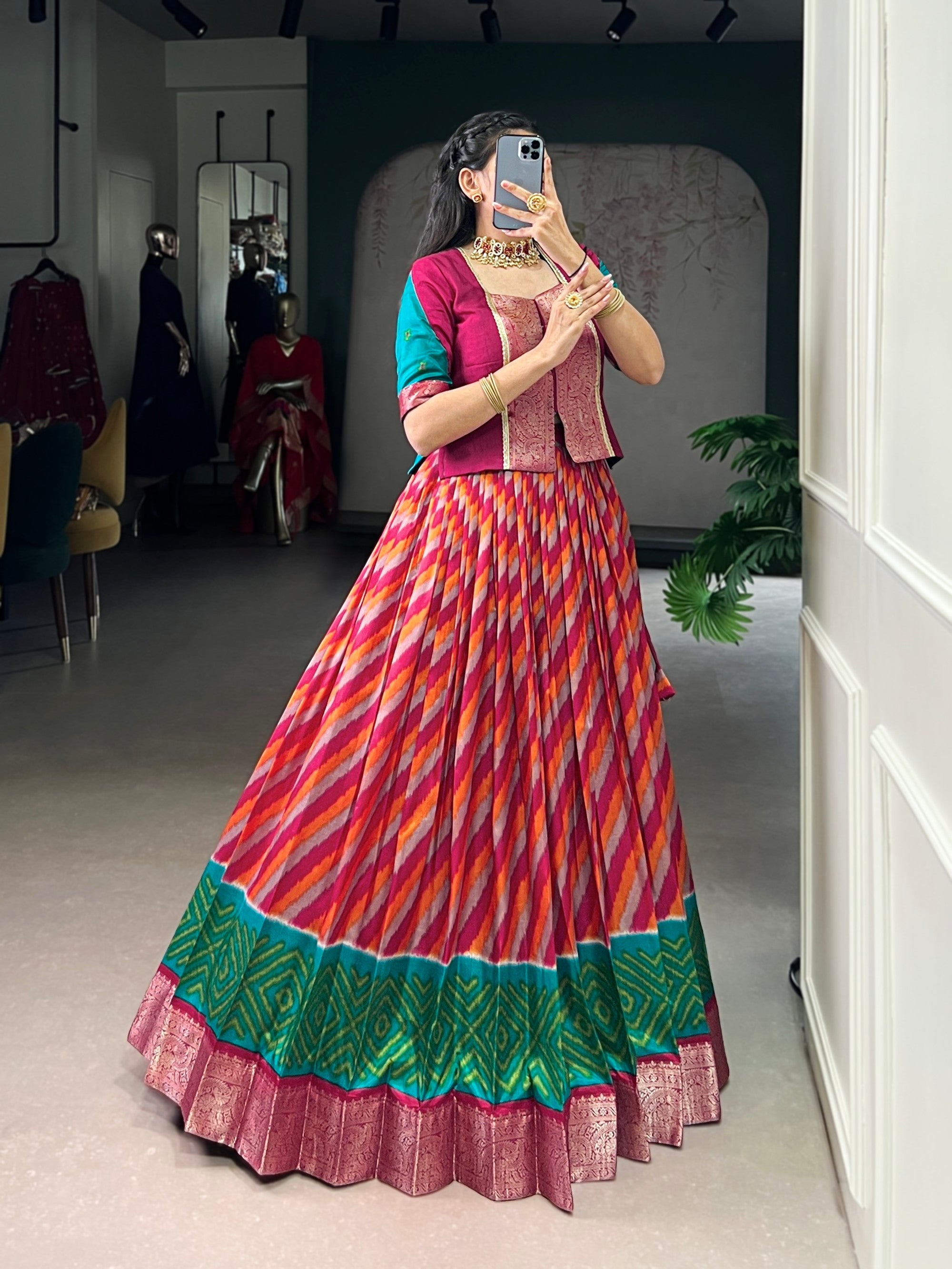 Lorenvalley Fashion Red Tasar Silk Leheriya Print With Zari Weaving Work Lehenga Choli | Grocsy