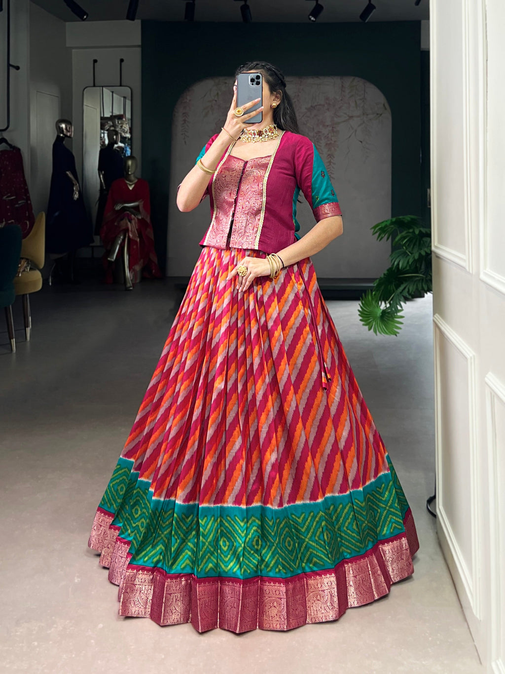 Lorenvalley Fashion Red Tasar Silk Leheriya Print With Zari Weaving Work Lehenga Choli | Grocsy