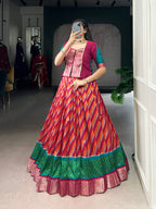 Lorenvalley Fashion Red Tasar Silk Leheriya Print With Zari Weaving Work Lehenga Choli | Grocsy