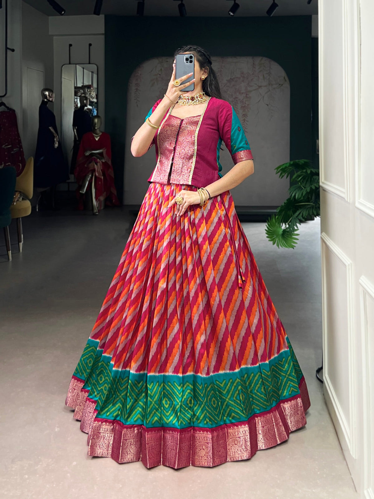 Lorenvalley Fashion Red Tasar Silk Leheriya Print With Zari Weaving Work Lehenga Choli | Grocsy