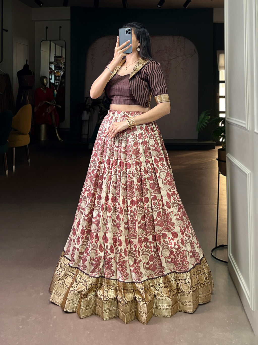 Lorenvalley Fashion Multicolor Tasar Silk Printed with Viscose Border Lehenga Choli | Grocsy