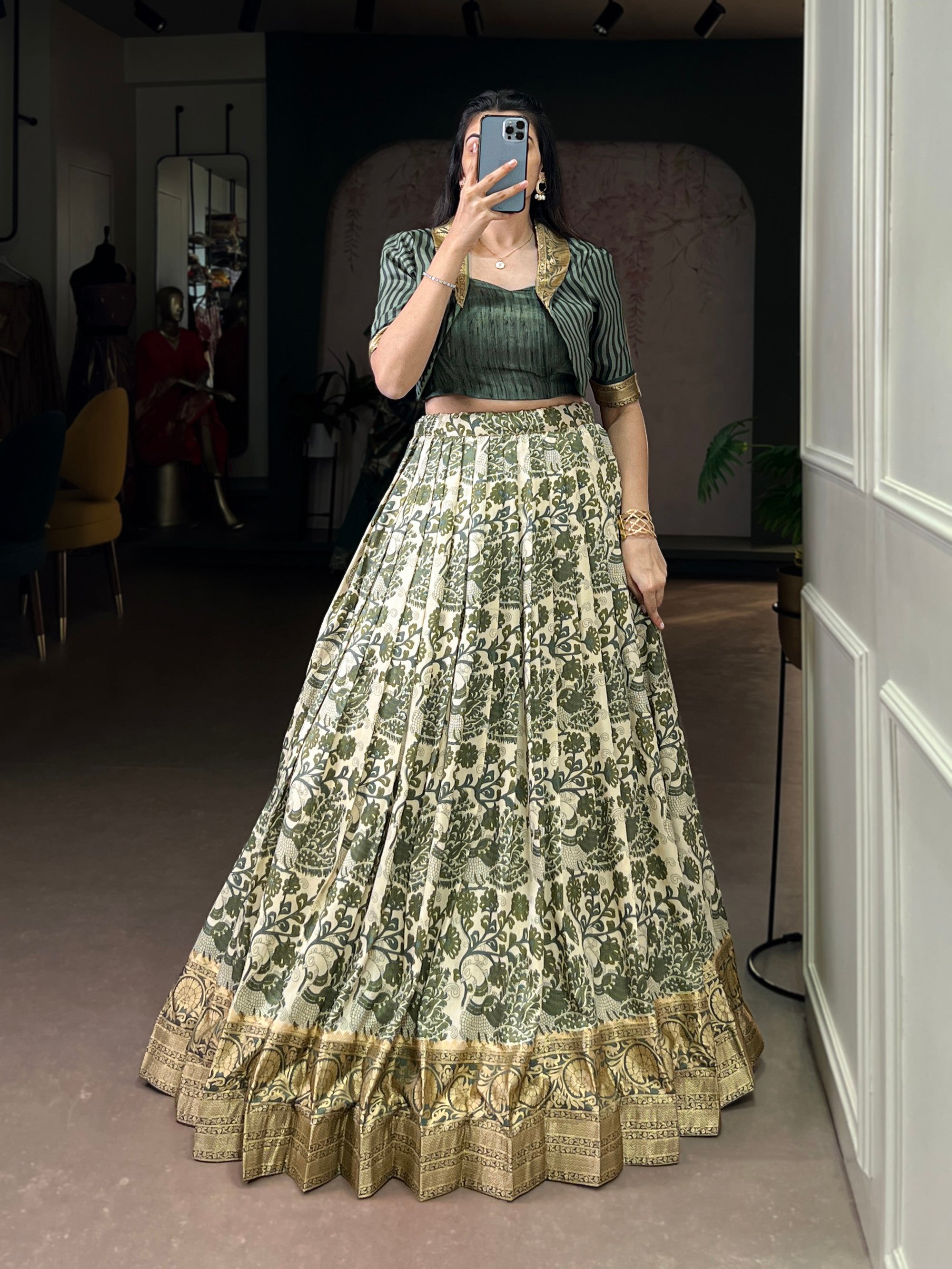Lorenvalley Fashion Multicolor Tasar Silk Printed with Viscose Border Lehenga Choli | Grocsy