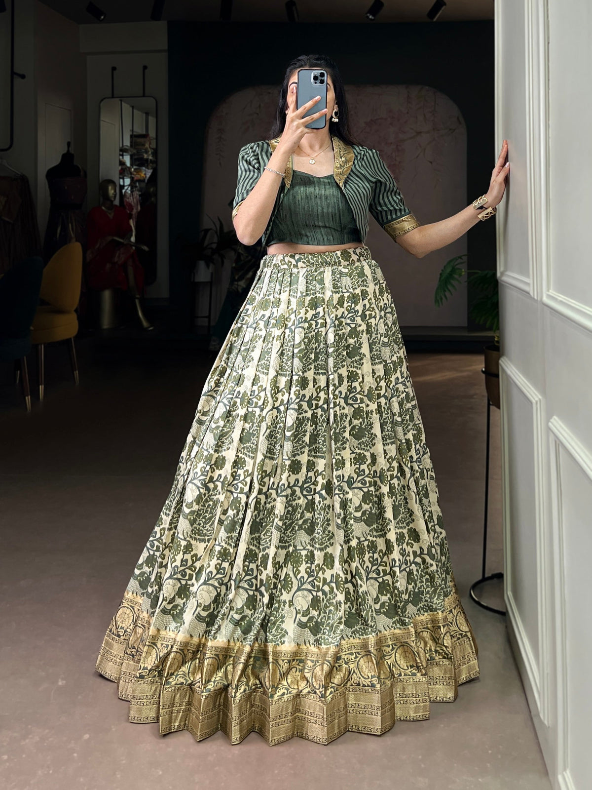 Lorenvalley Fashion Multicolor Tasar Silk Printed with Viscose Border Lehenga Choli | Grocsy