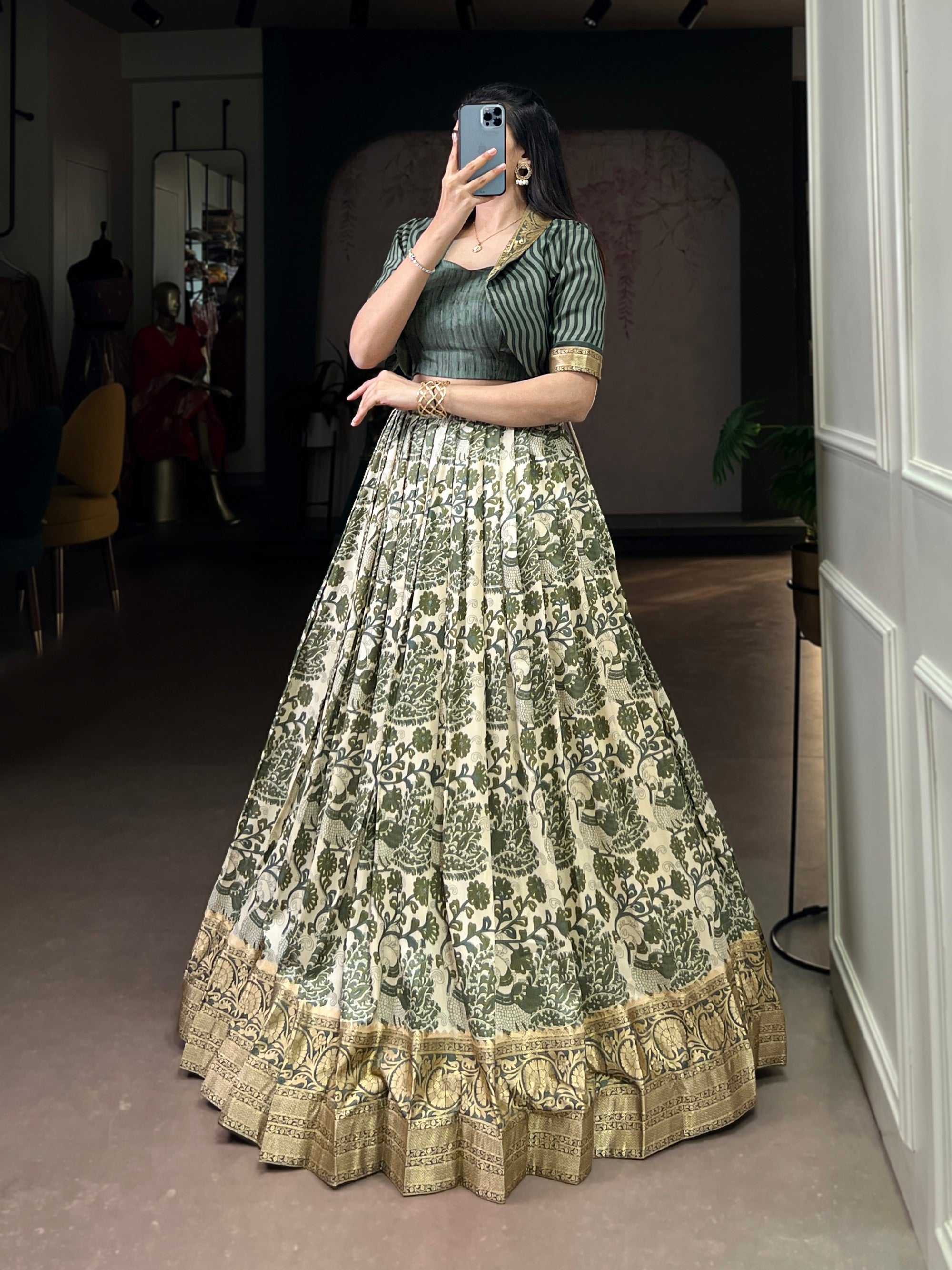 Lorenvalley Fashion Multicolor Tasar Silk Printed with Viscose Border Lehenga Choli | Grocsy