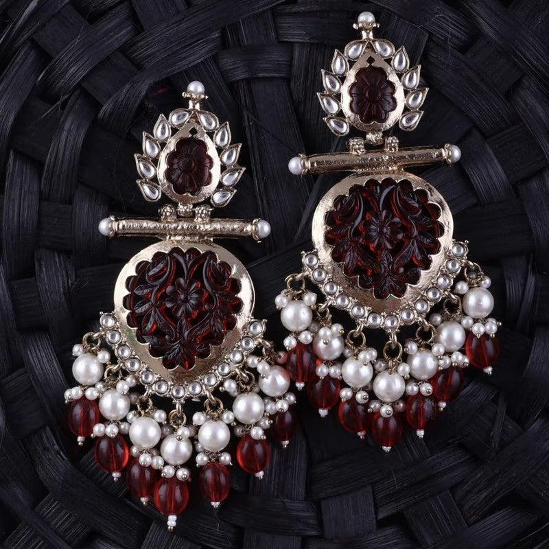 Tehzeeb Creations Latest Gold Polish Kundan & Pearl Studded Designer Drop Long Earrings For Women And Girls Maroon | Grocsy