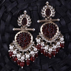 Tehzeeb Creations Latest Gold Polish Kundan & Pearl Studded Designer Drop Long Earrings For Women And Girls Maroon | Grocsy