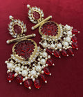 Tehzeeb Creations Latest Gold Polish Kundan & Pearl Studded Designer Drop Long Earrings For Women And Girls Maroon | Grocsy