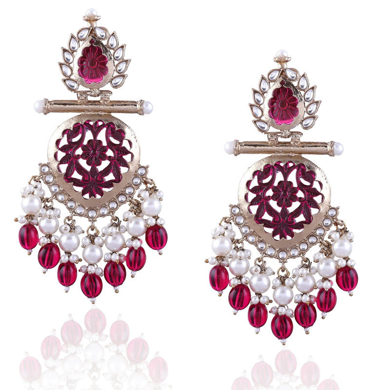 Tehzeeb Creations Latest Gold Polish Kundan & Pearl Studded Designer Drop Long Earrings For Women And Girls Maroon | Grocsy
