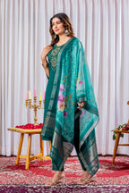 Vedant Vastram Viscose Silk Hand Work & Embroidery Work Stitched Kurta Pant Dupatta Set-Green | Grocsy