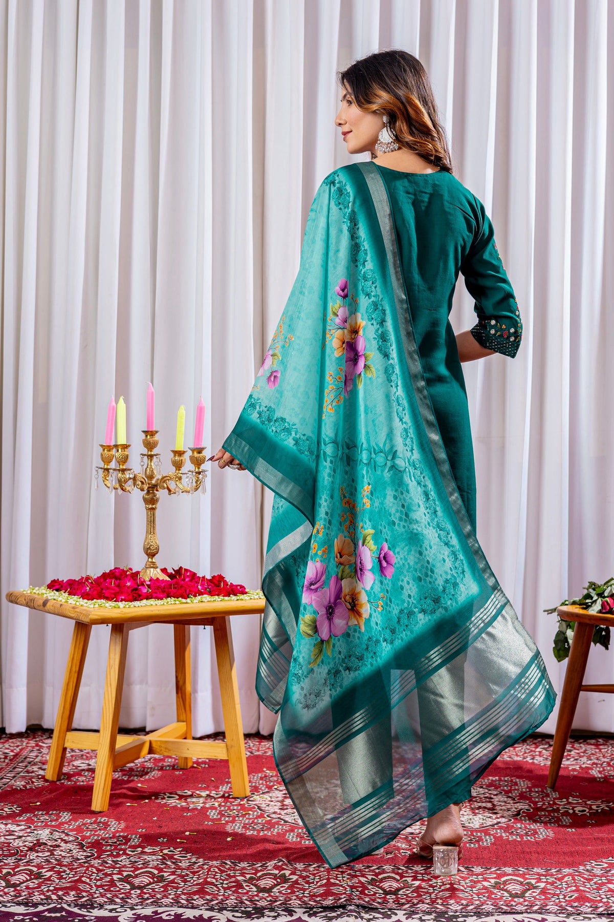 Vedant Vastram Viscose Silk Hand Work & Embroidery Work Stitched Kurta Pant Dupatta Set-Green | Grocsy