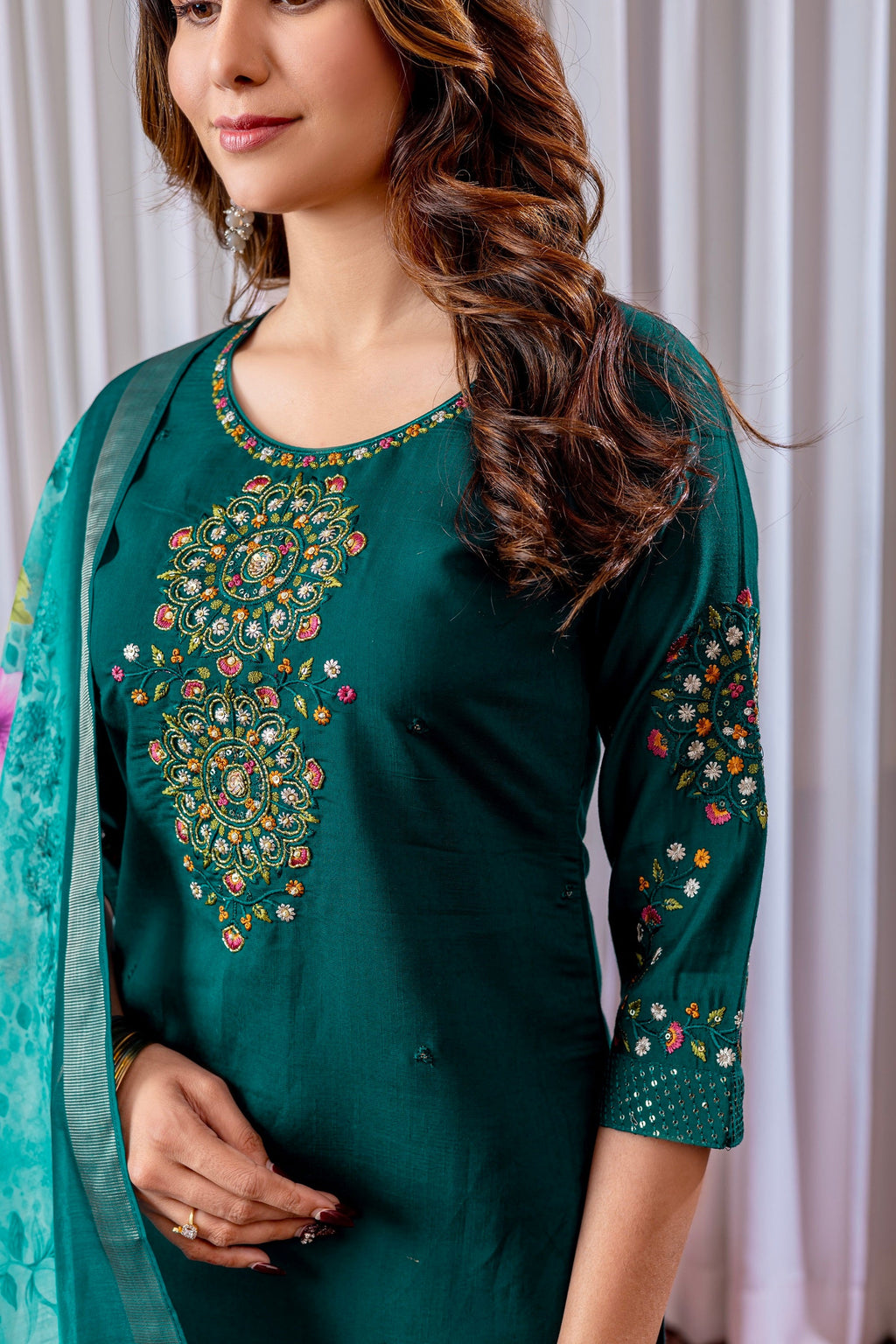 Vedant Vastram Viscose Silk Hand Work & Embroidery Work Stitched Kurta Pant Dupatta Set-Green | Grocsy