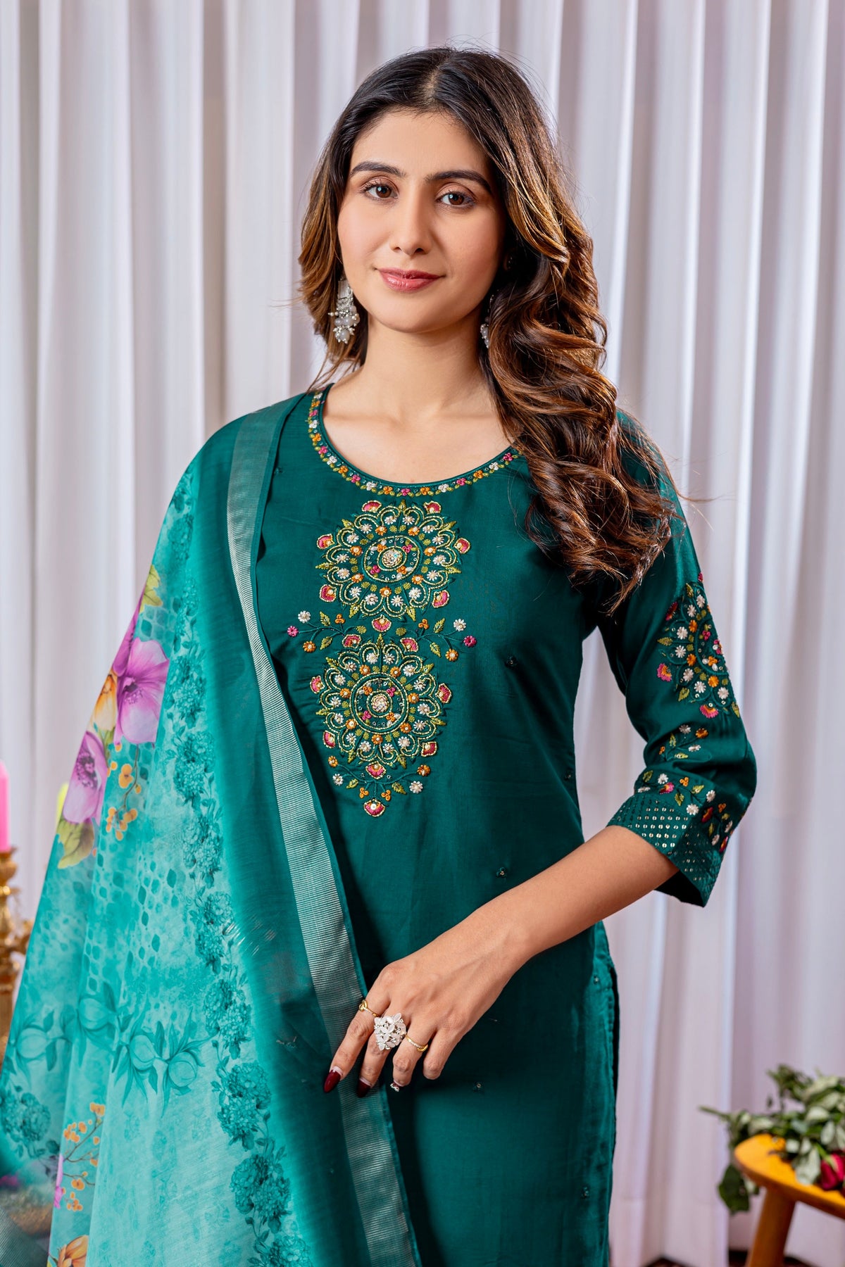 Vedant Vastram Viscose Silk Hand Work & Embroidery Work Stitched Kurta Pant Dupatta Set-Green | Grocsy