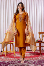 Vedant Vastram Viscose Silk Hand Work & Embroidery Work Stitched Kurta Pant Dupatta Set-Mustard | Grocsy
