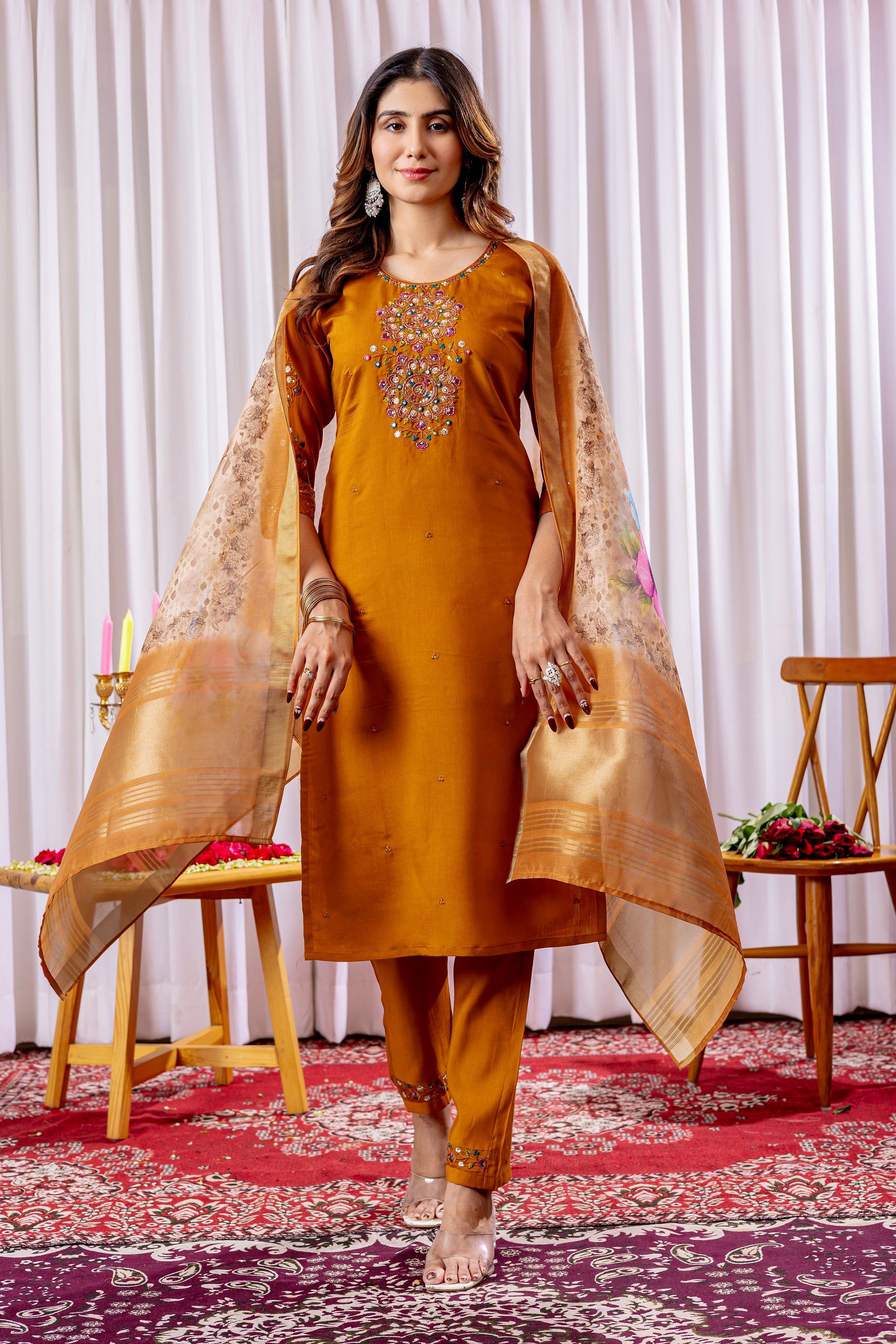 Vedant Vastram Viscose Silk Hand Work & Embroidery Work Stitched Kurta Pant Dupatta Set-Mustard | Grocsy