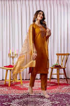 Vedant Vastram Viscose Silk Hand Work & Embroidery Work Stitched Kurta Pant Dupatta Set-Mustard | Grocsy