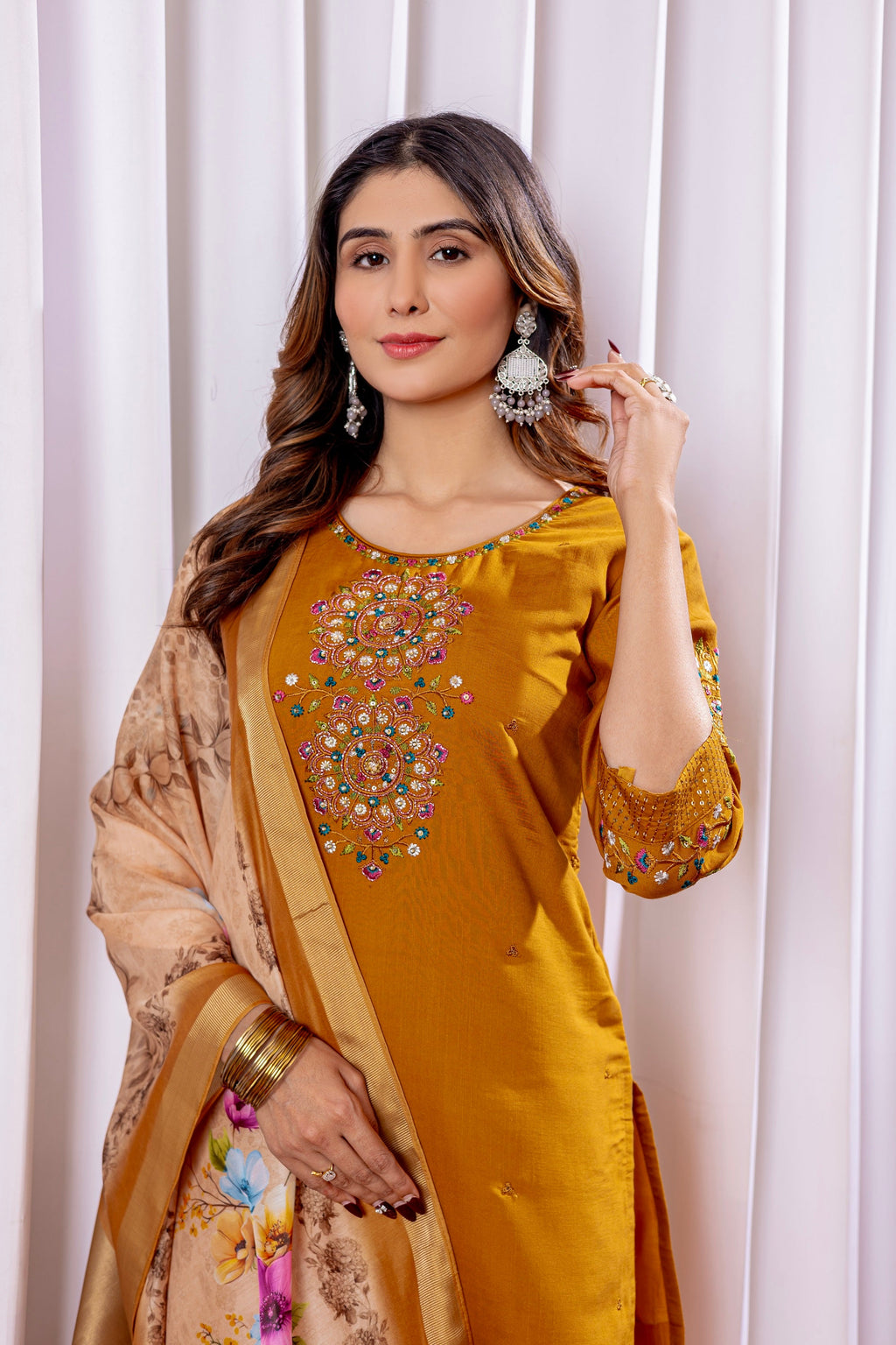 Vedant Vastram Viscose Silk Hand Work & Embroidery Work Stitched Kurta Pant Dupatta Set-Mustard | Grocsy
