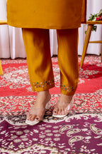 Vedant Vastram Viscose Silk Hand Work & Embroidery Work Stitched Kurta Pant Dupatta Set-Mustard | Grocsy