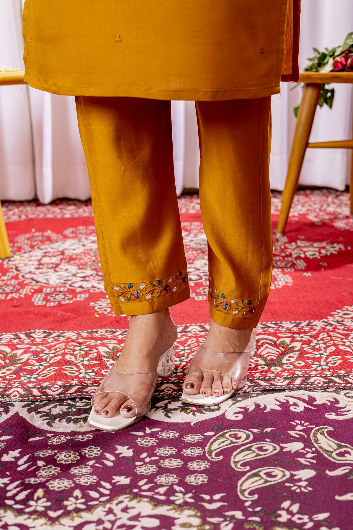 Vedant Vastram Viscose Silk Hand Work & Embroidery Work Stitched Kurta Pant Dupatta Set-Mustard | Grocsy