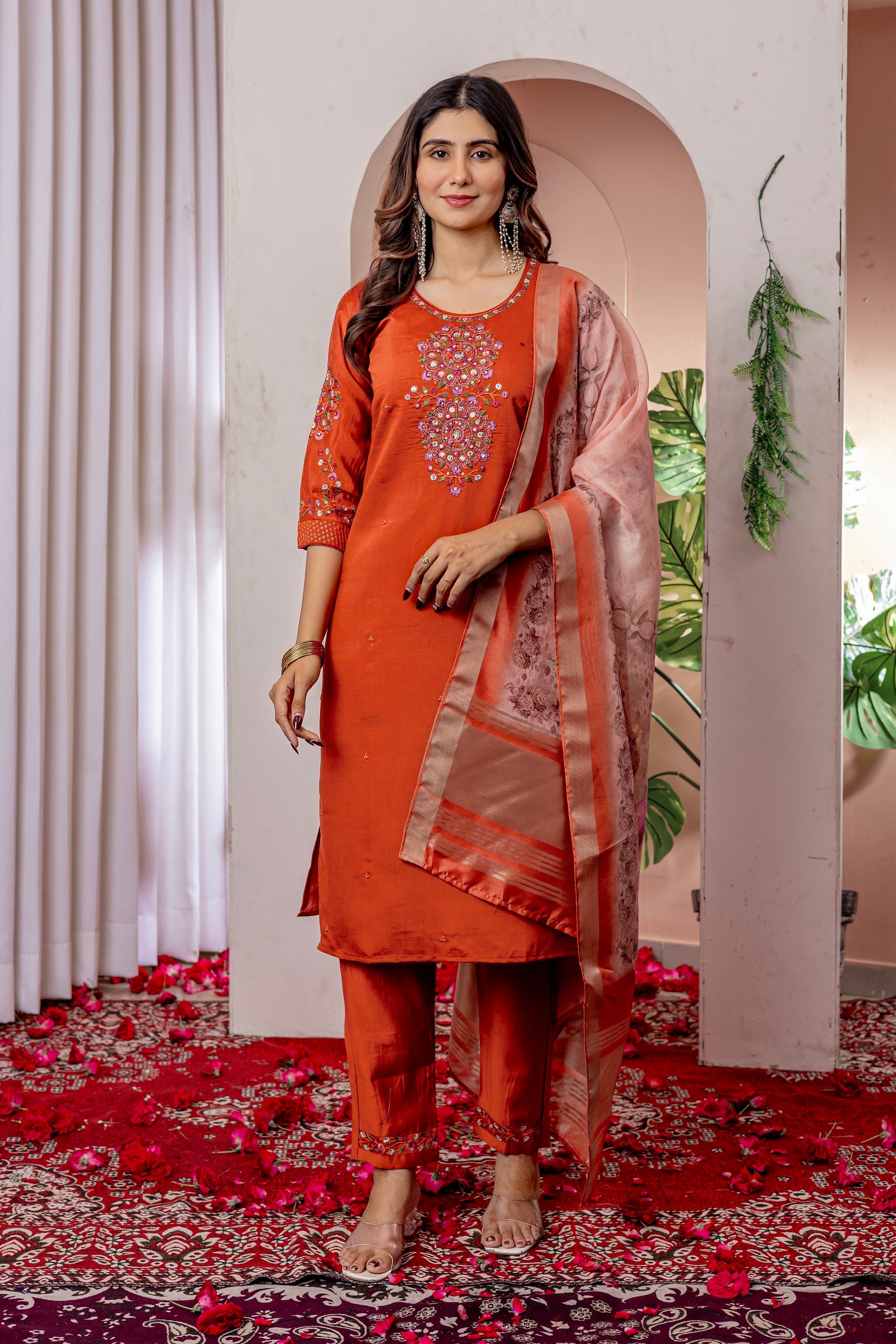 Vedant Vastram Viscose Silk Hand Work & Embroidery Work Stitched Kurta Pant Dupatta Set-Orange | Grocsy