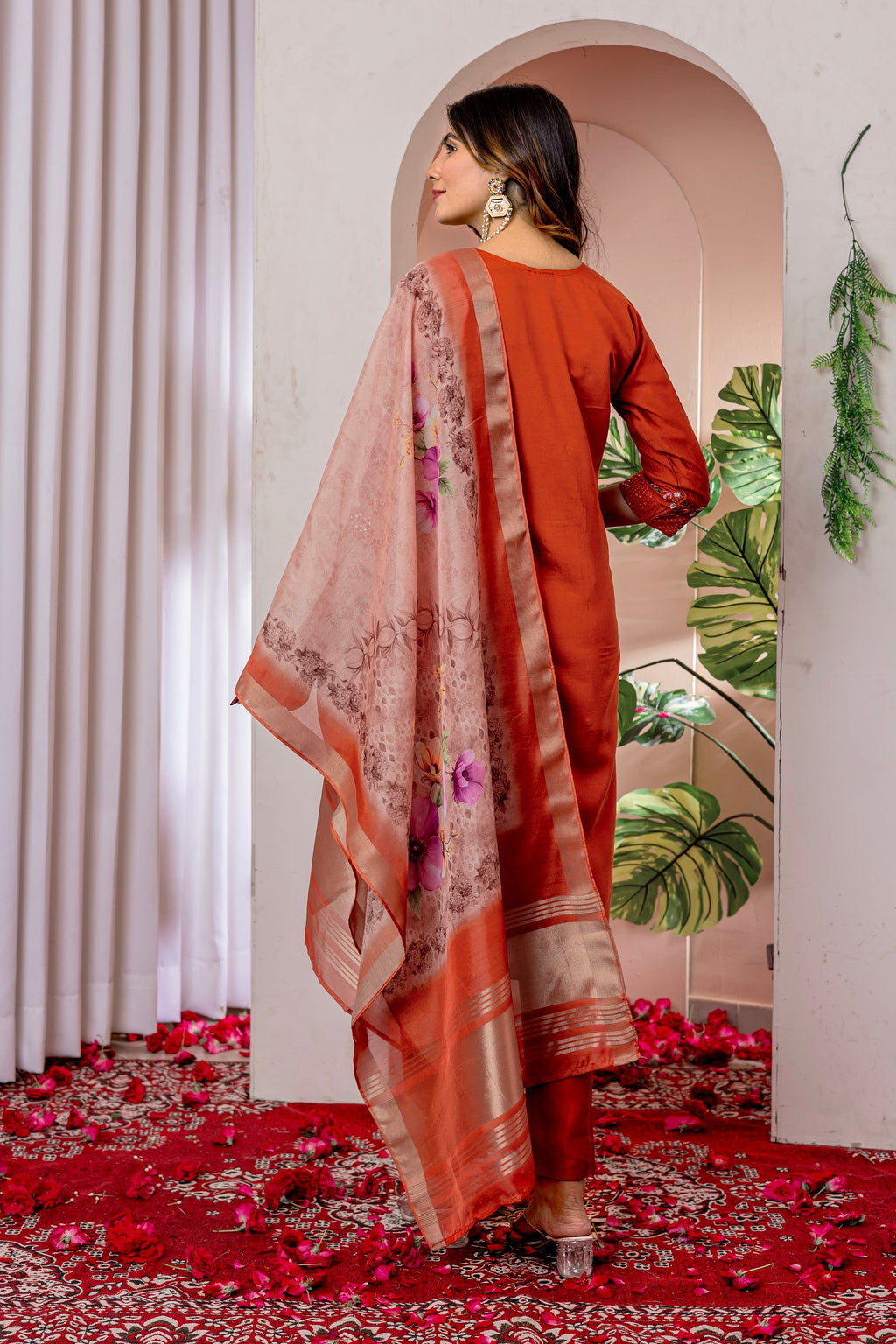 Vedant Vastram Viscose Silk Hand Work & Embroidery Work Stitched Kurta Pant Dupatta Set-Orange | Grocsy