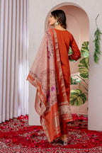 Vedant Vastram Viscose Silk Hand Work & Embroidery Work Stitched Kurta Pant Dupatta Set-Orange | Grocsy