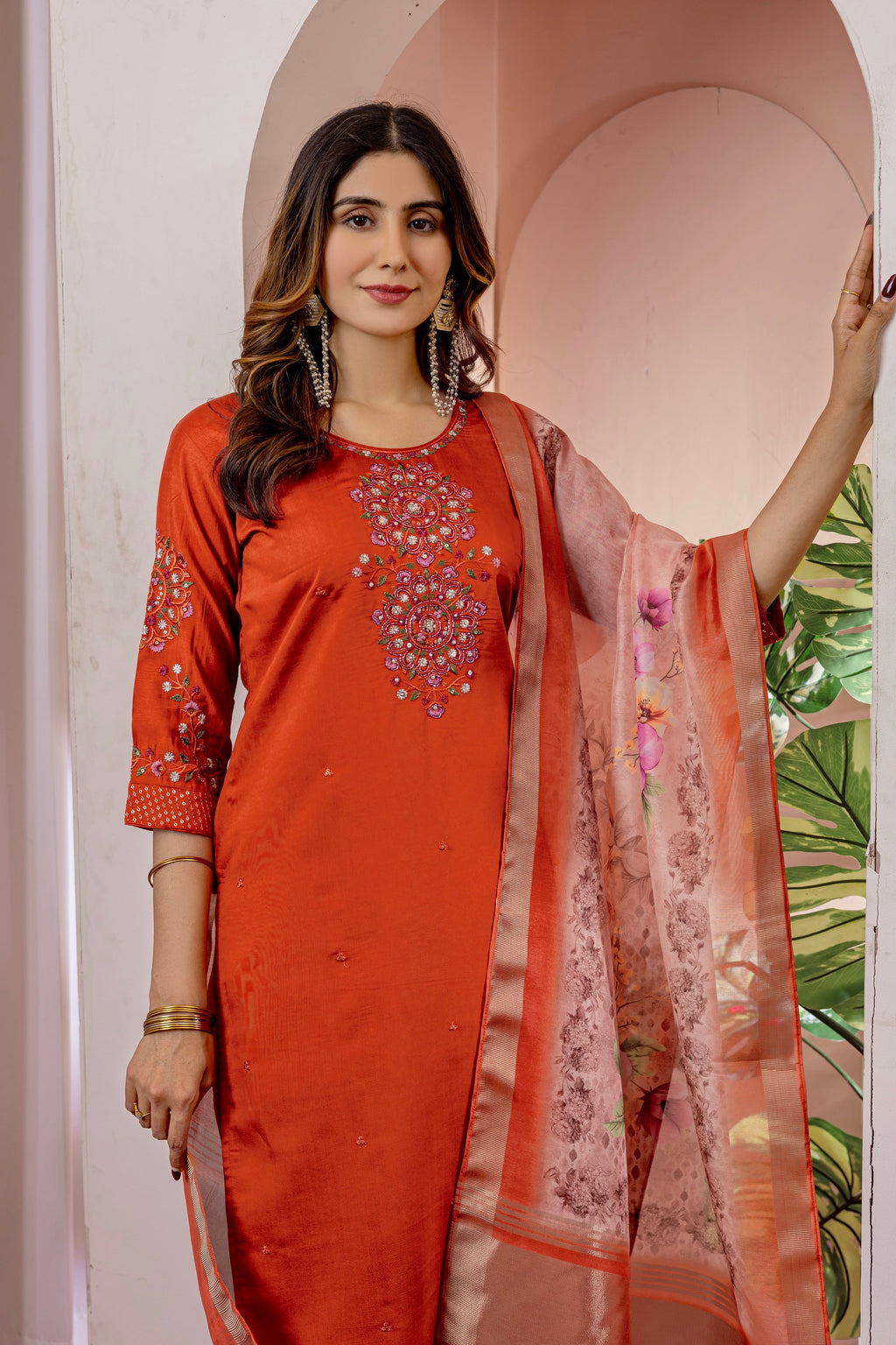 Vedant Vastram Viscose Silk Hand Work & Embroidery Work Stitched Kurta Pant Dupatta Set-Orange | Grocsy