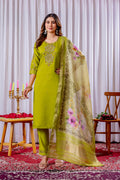 Vedant Vastram Viscose Silk Hand Work & Embroidery Work Stitched Kurta Pant Dupatta Set-Parrot Green | Grocsy