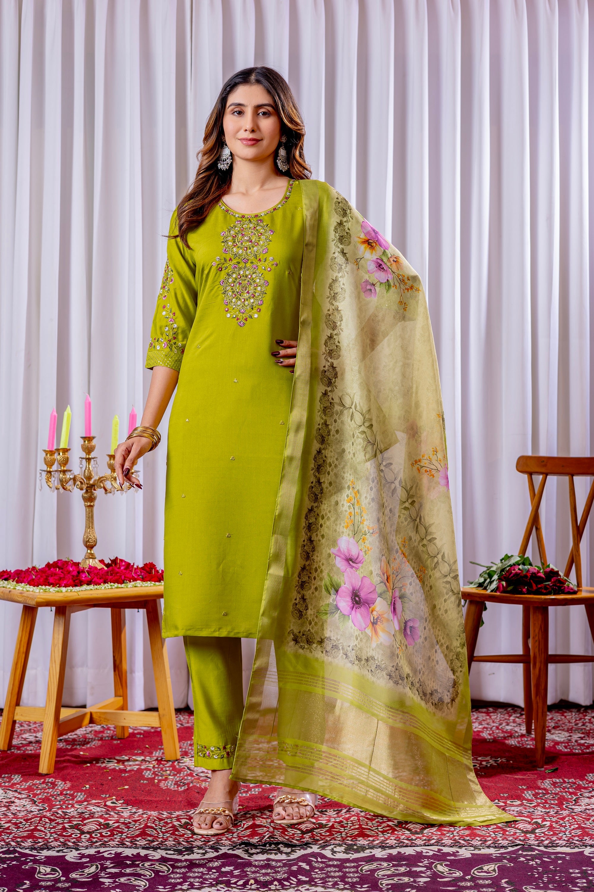 Vedant Vastram Viscose Silk Hand Work & Embroidery Work Stitched Kurta Pant Dupatta Set-Parrot Green | Grocsy