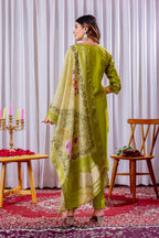Vedant Vastram Viscose Silk Hand Work & Embroidery Work Stitched Kurta Pant Dupatta Set-Parrot Green | Grocsy