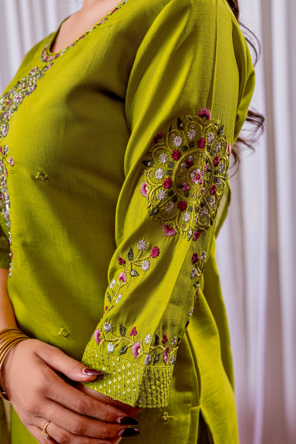 Vedant Vastram Viscose Silk Hand Work & Embroidery Work Stitched Kurta Pant Dupatta Set-Parrot Green | Grocsy