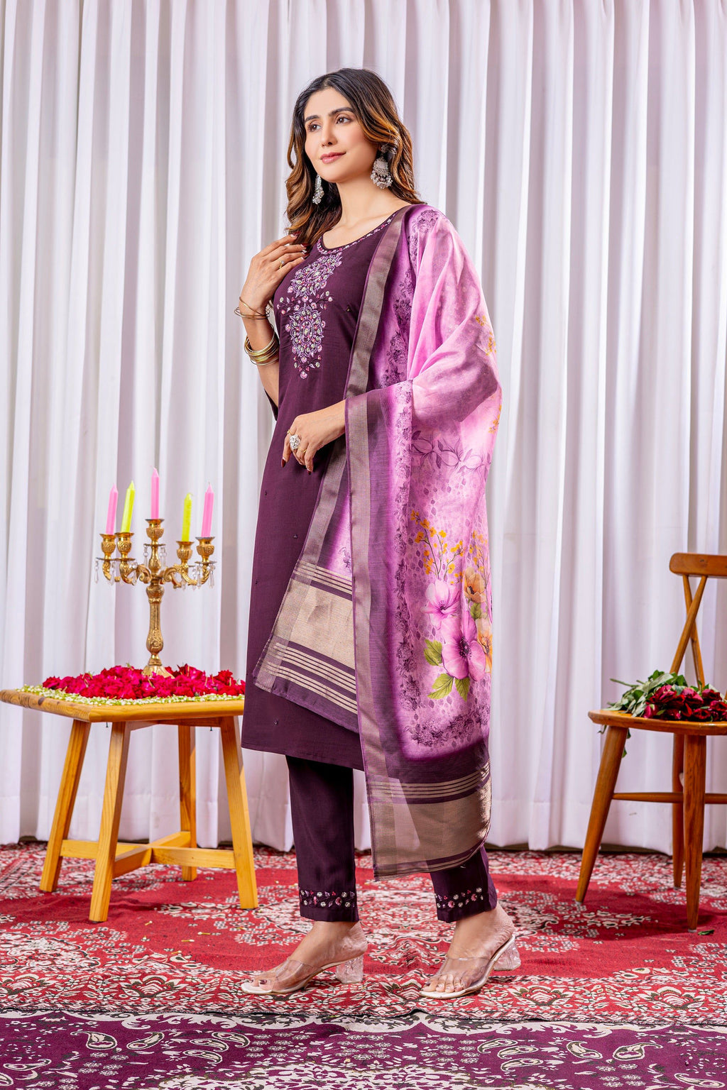 Vedant Vastram Viscose Silk Hand Work & Embroidery Work Stitched Kurta Pant Dupatta Set-Wine | Grocsy