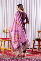 Vedant Vastram Viscose Silk Hand Work & Embroidery Work Stitched Kurta Pant Dupatta Set-Wine | Grocsy