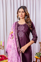 Vedant Vastram Viscose Silk Hand Work & Embroidery Work Stitched Kurta Pant Dupatta Set-Wine | Grocsy