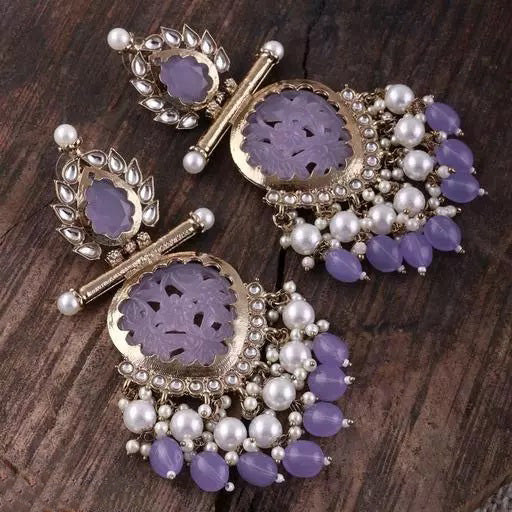 Tehzeeb Creations Latest Gold Polish Kundan & Pearl Studded Designer Drop Long Earrings For Women And Girls Lavender | Grocsy