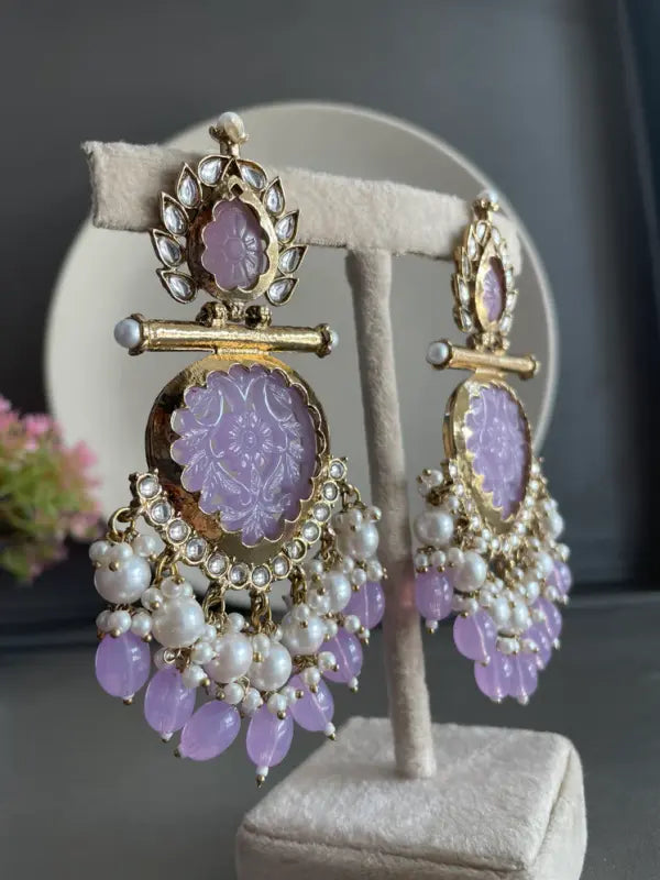 Tehzeeb Creations Latest Gold Polish Kundan & Pearl Studded Designer Drop Long Earrings For Women And Girls Lavender | Grocsy