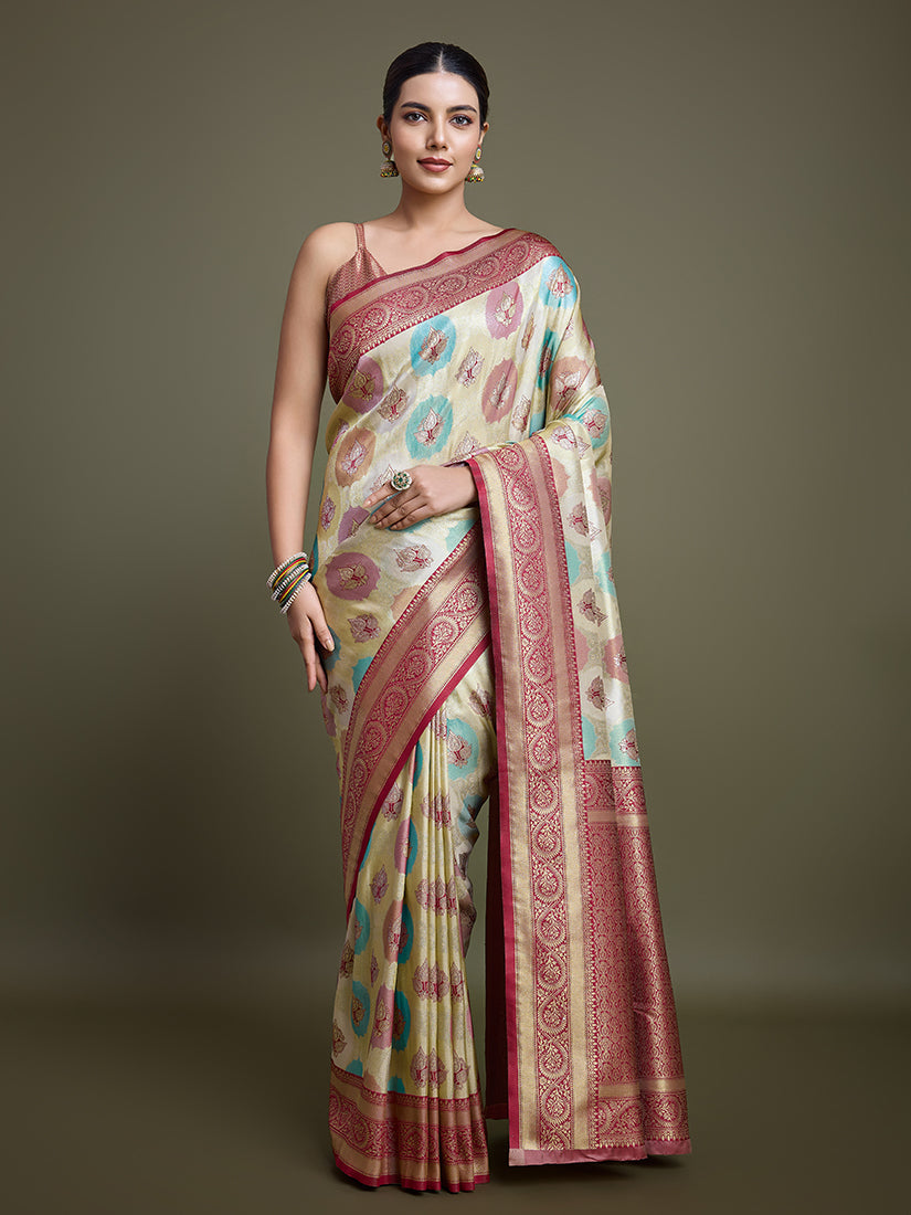 Monjolika Fashion Elegant Maroon And Cream Banarasi Silk SareeWith Intricate Zari Work | Grocsy