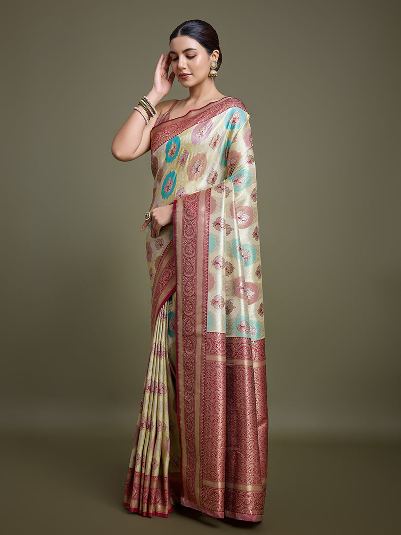 Monjolika Fashion Elegant Maroon And Cream Banarasi Silk SareeWith Intricate Zari Work | Grocsy