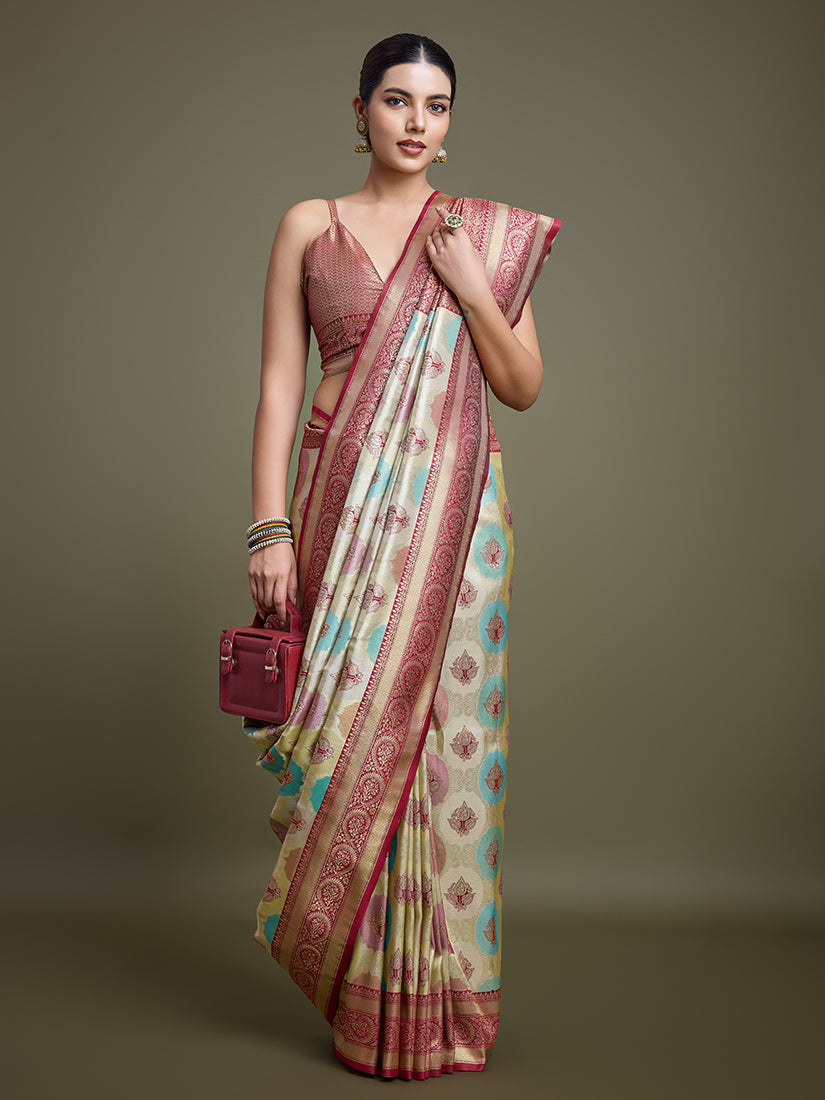 Monjolika Fashion Elegant Maroon And Cream Banarasi Silk SareeWith Intricate Zari Work | Grocsy