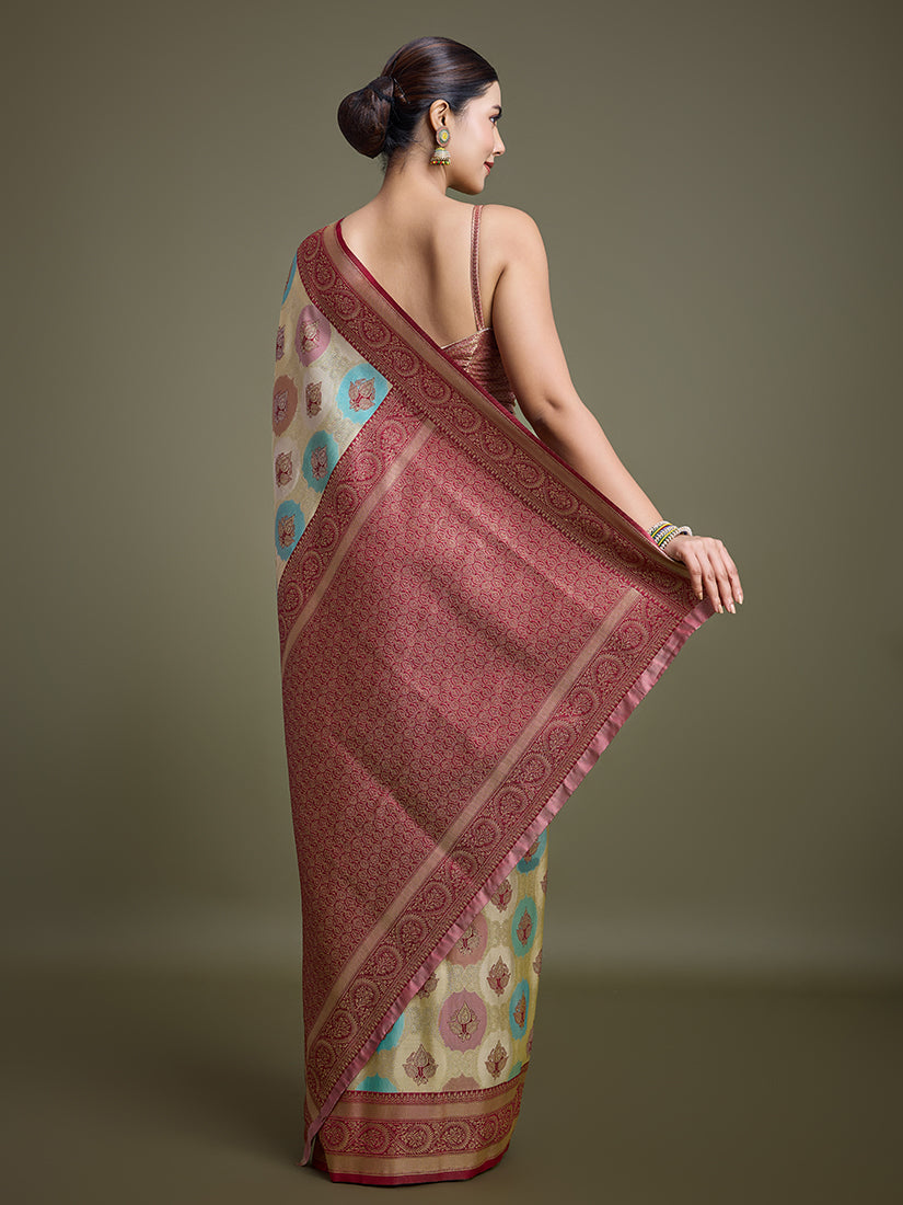 Monjolika Fashion Elegant Maroon And Cream Banarasi Silk SareeWith Intricate Zari Work | Grocsy