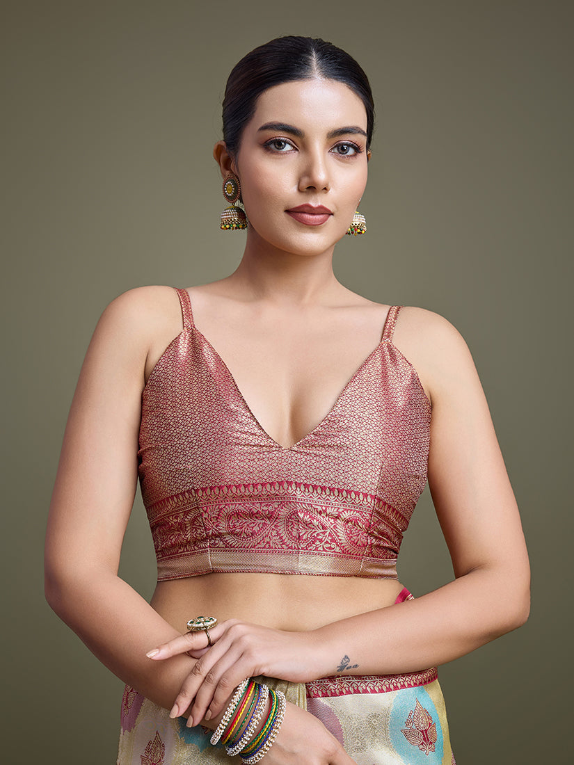 Monjolika Fashion Elegant Maroon And Cream Banarasi Silk SareeWith Intricate Zari Work | Grocsy
