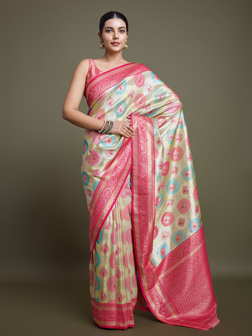 Monjolika Fashion Elegant Pink And Cream Banarasi Silk SareeWith Intricate Zari Work | Grocsy