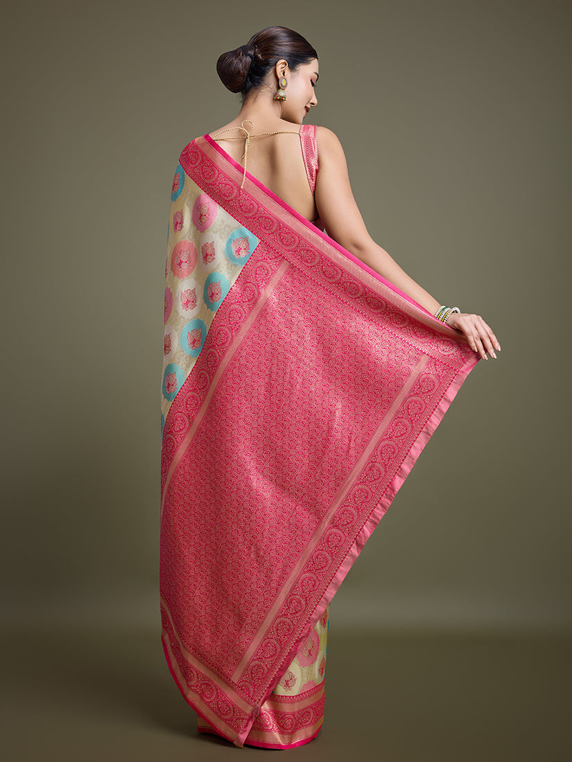 Monjolika Fashion Elegant Pink And Cream Banarasi Silk SareeWith Intricate Zari Work | Grocsy