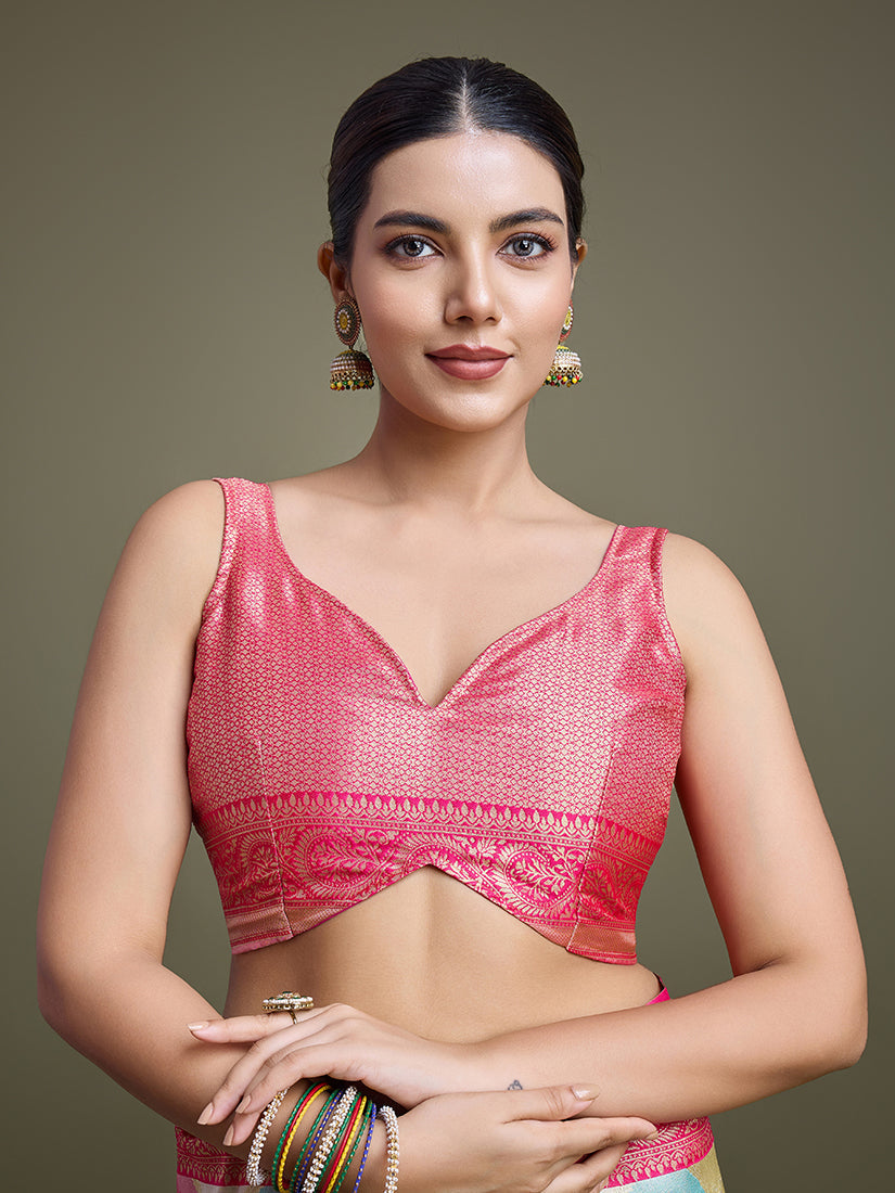 Monjolika Fashion Elegant Pink And Cream Banarasi Silk SareeWith Intricate Zari Work | Grocsy