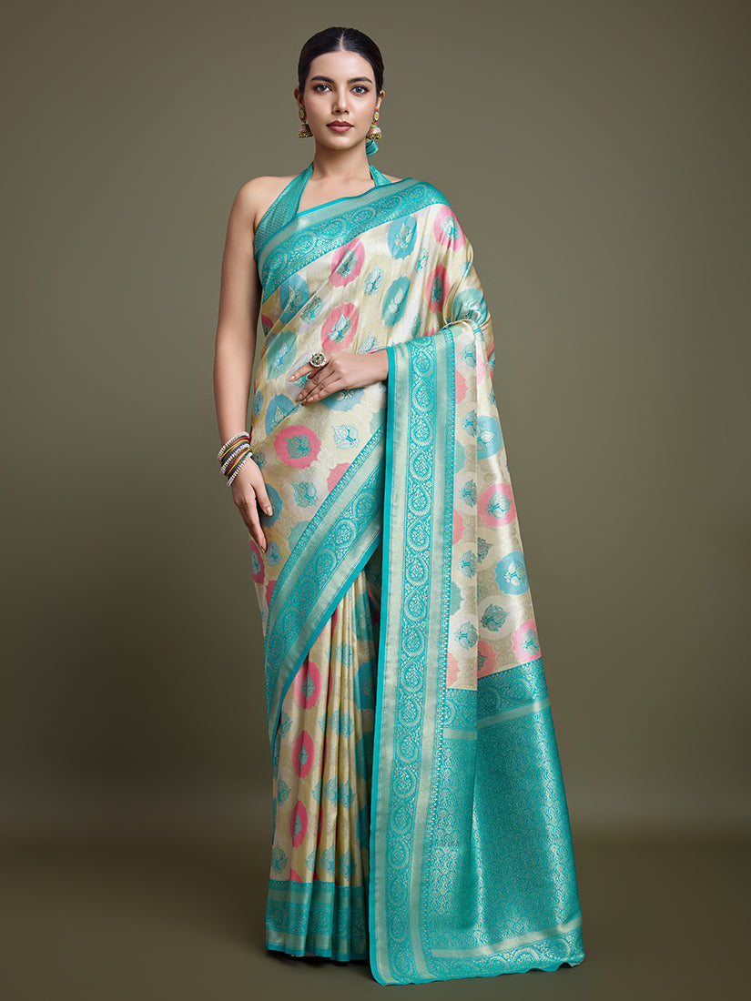 Monjolika Fashion Elegant Turquoise And Cream Banarasi Silk SareeWith Intricate Zari Work | Grocsy