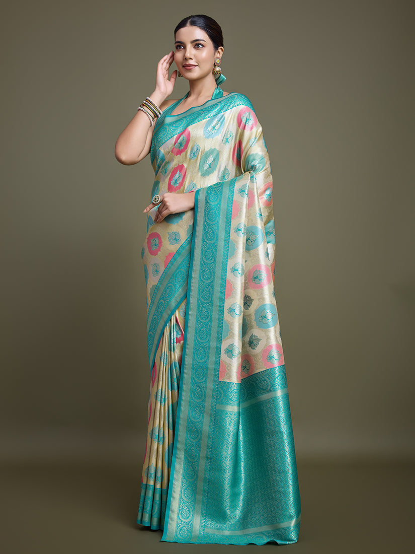 Monjolika Fashion Elegant Turquoise And Cream Banarasi Silk SareeWith Intricate Zari Work | Grocsy