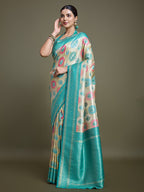Monjolika Fashion Elegant Turquoise And Cream Banarasi Silk SareeWith Intricate Zari Work | Grocsy